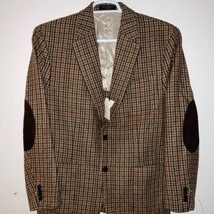 BANANA REPUBLIC x BALLI ITALIAN WOOL BROWN HOUNDSTOOTH SUEDE ELBOW PATCH 42R NWT